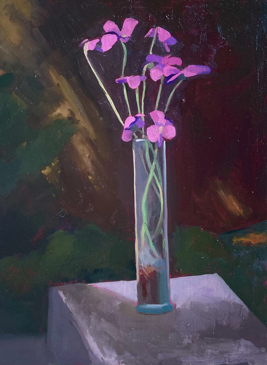 A still-life painting of purple flowers in a clear glass vase on a block.