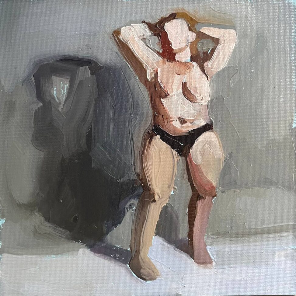 A nude painting of a person with their hands behind their head, wearing black underwear